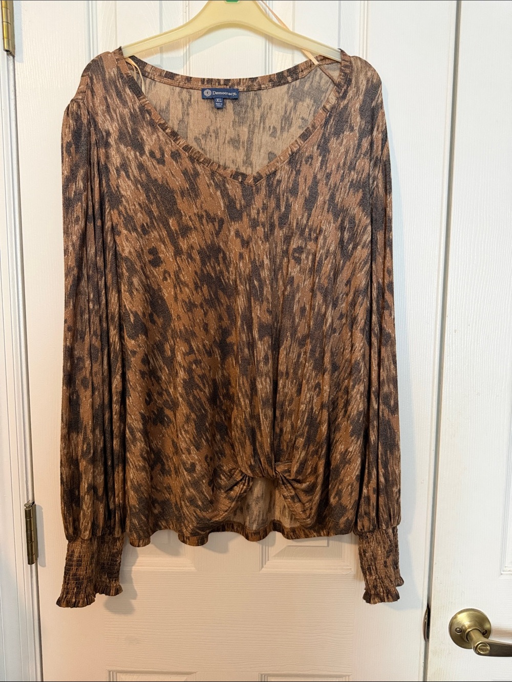 Democracy Brown Animal-Print V-Neck Long Sleeve Top with Front Twist